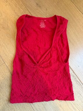 Free People Bright Red Floral Textured V-Neck Tank